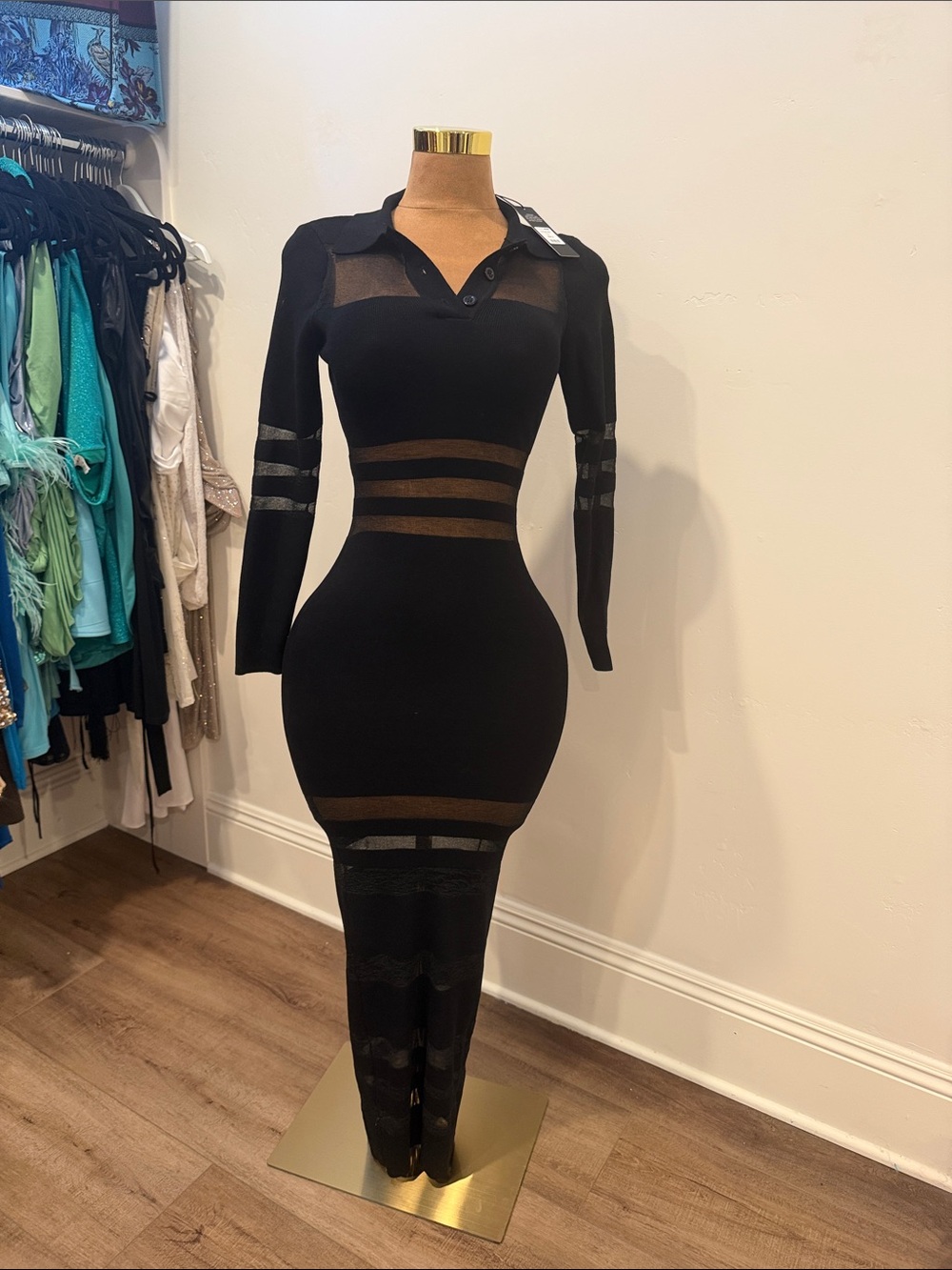 Fashion Nova Black Long-Sleeve Sheer Panel Bodycon Dress